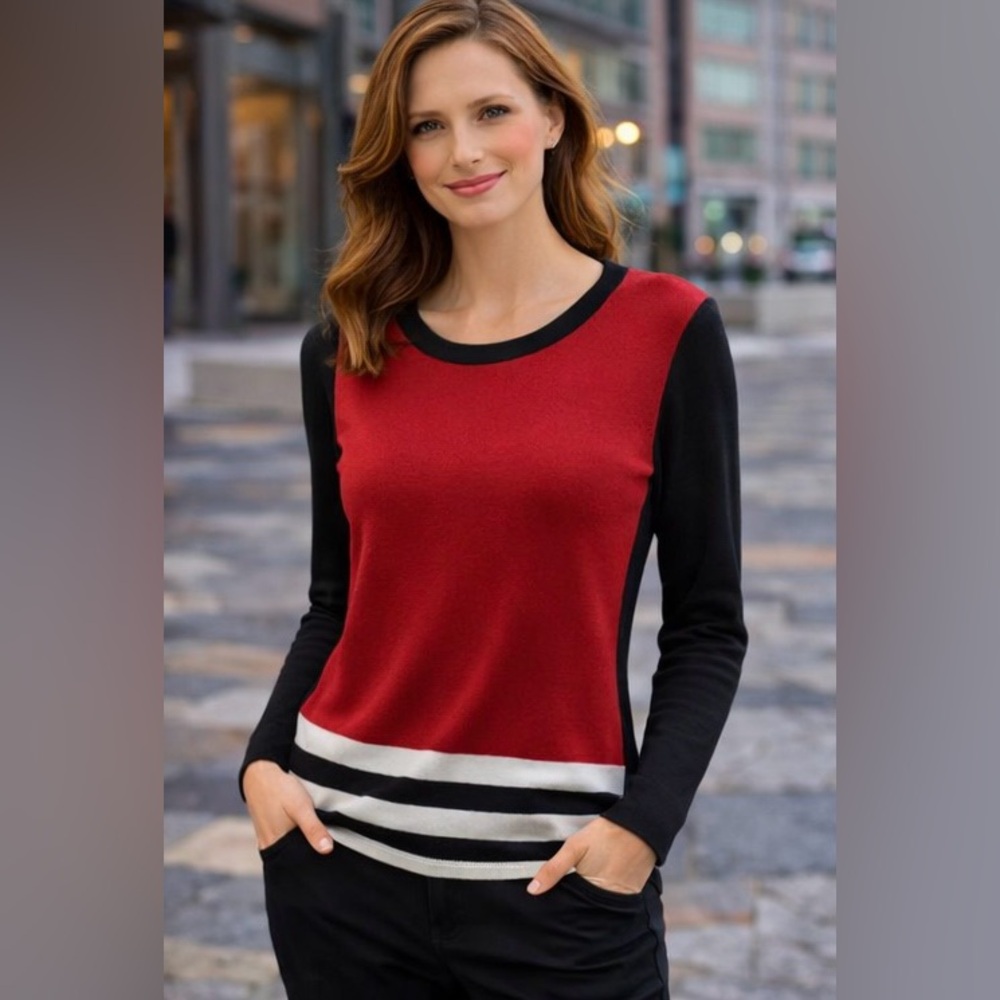 Patrizia Luca Milano Sweater Sz L Tunic Top Contrast Long Sleeve Black Red White